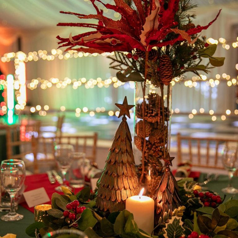 Winter table centrepiece with deep red flowers, pine cones and candlelight at Selden Barns
