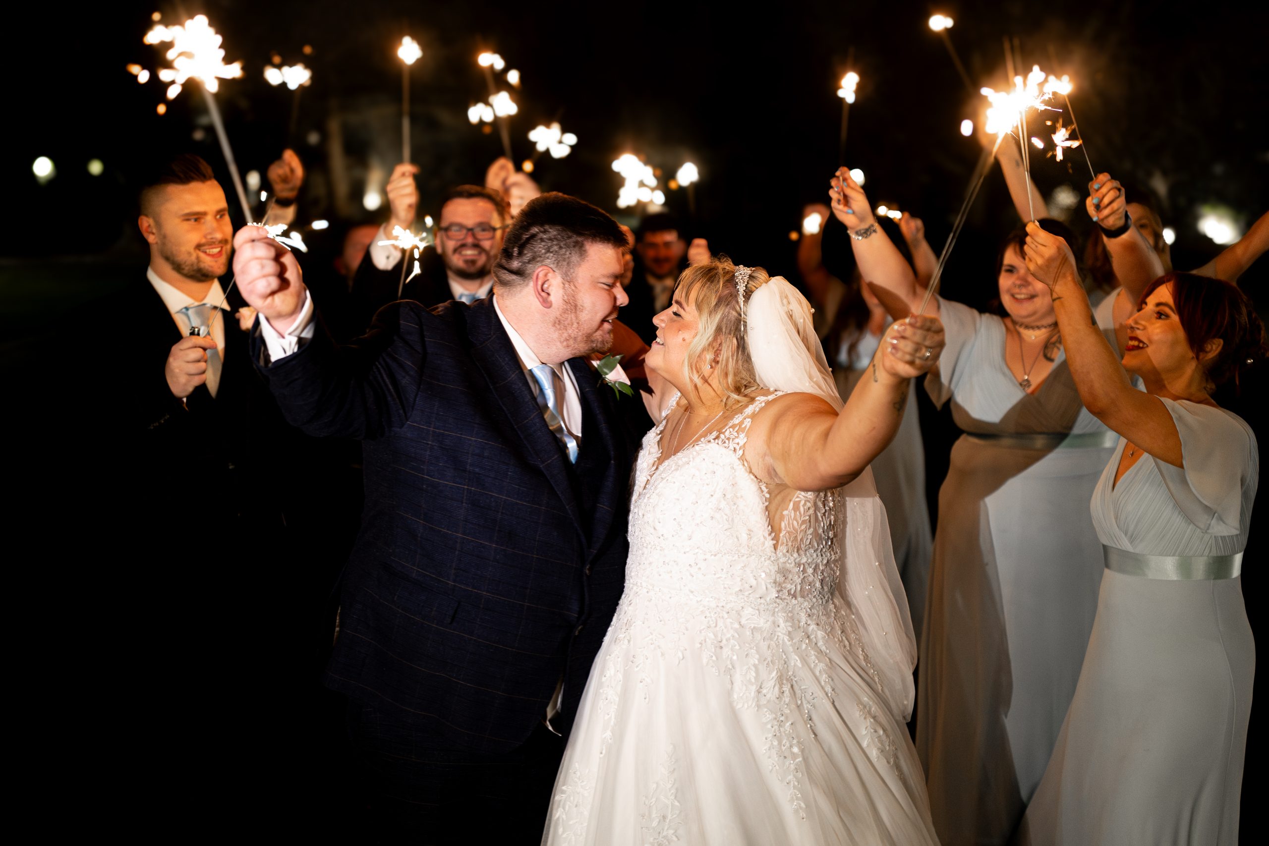 Evening sparkler send-off at a Selden Barns wedding