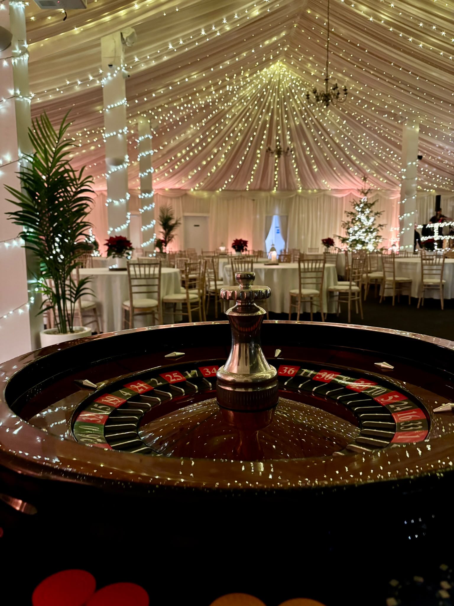 Roulette table set up for a casino night in the main barn at Selden Barns